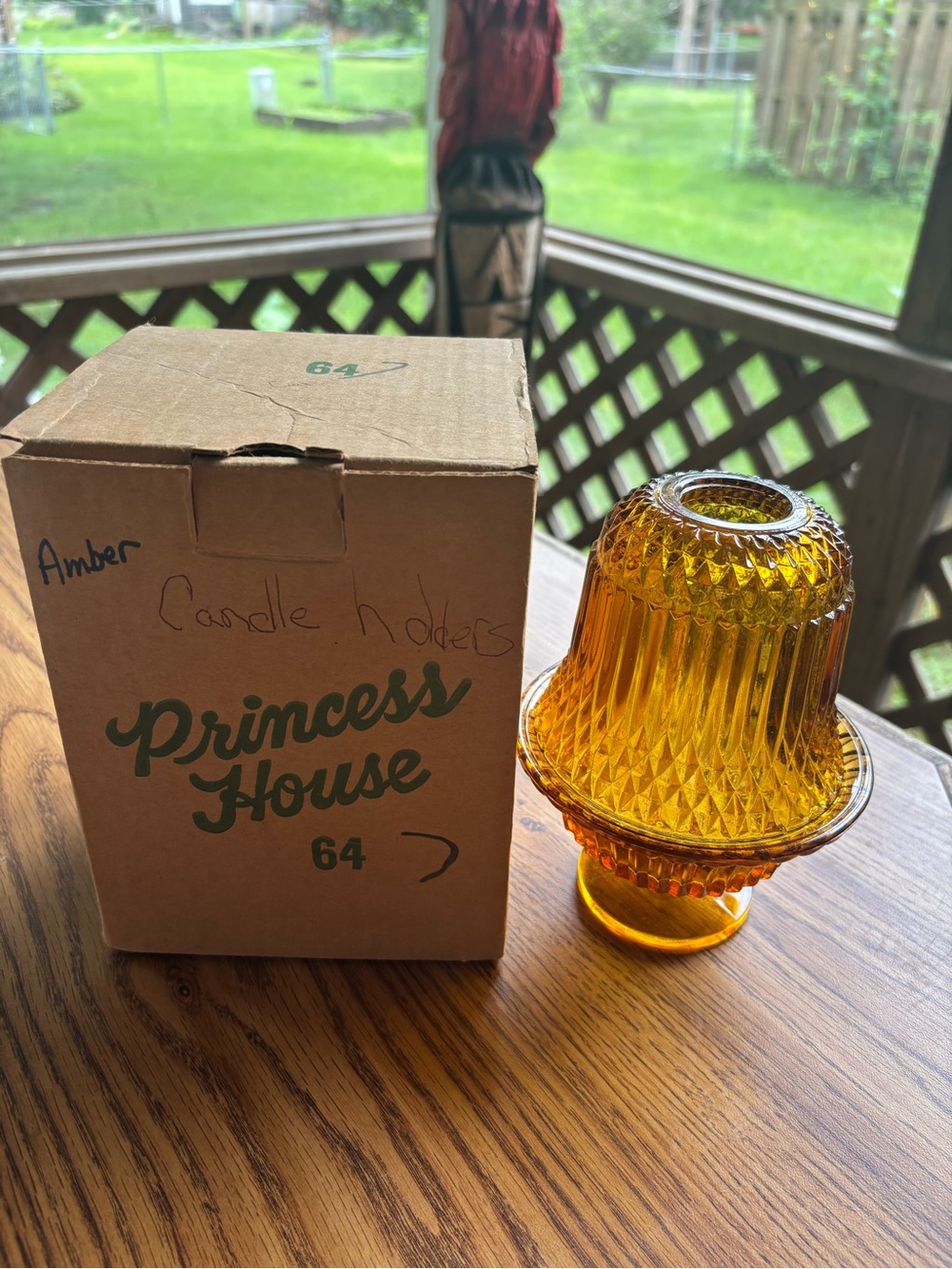 Princess House Amber Ribbed Diamond Glass Fairy Lamp
